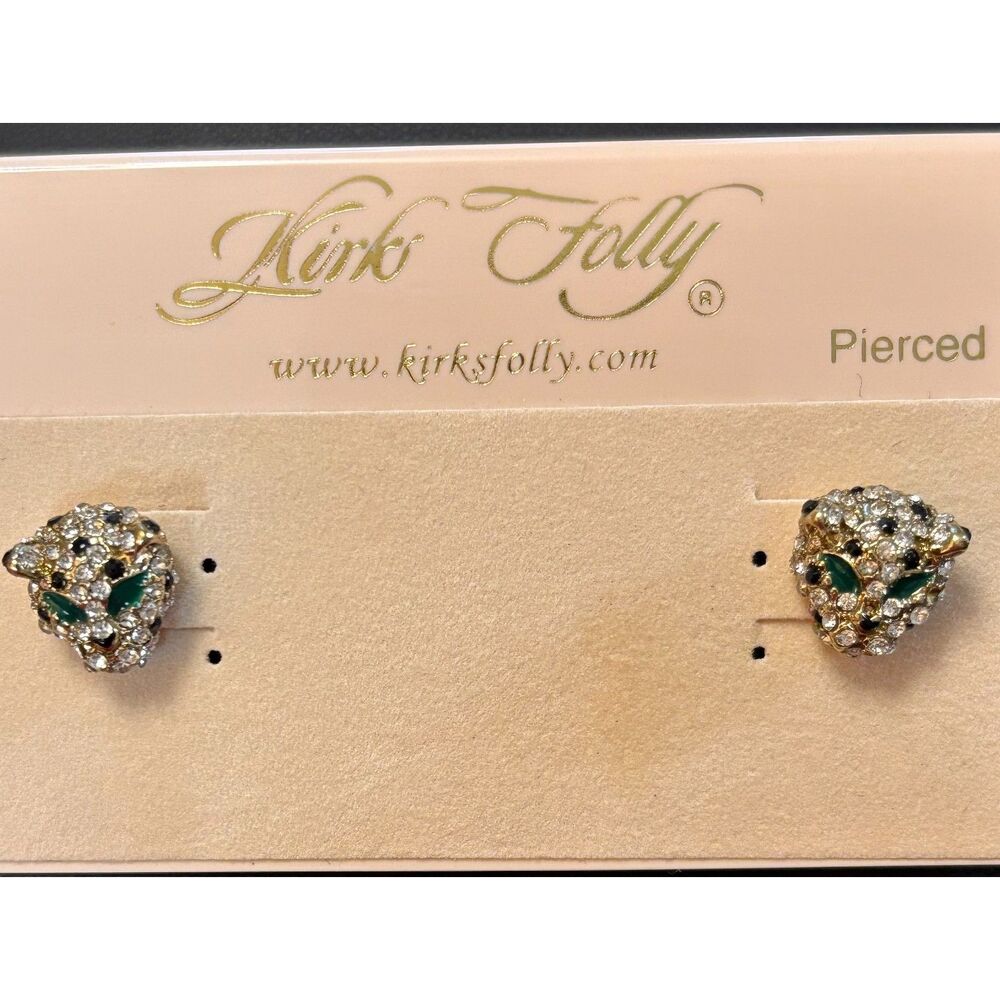 VTG NWT Kirks Folly Rhinestone Cat Head Pierced Stud Earrings Gold Tone